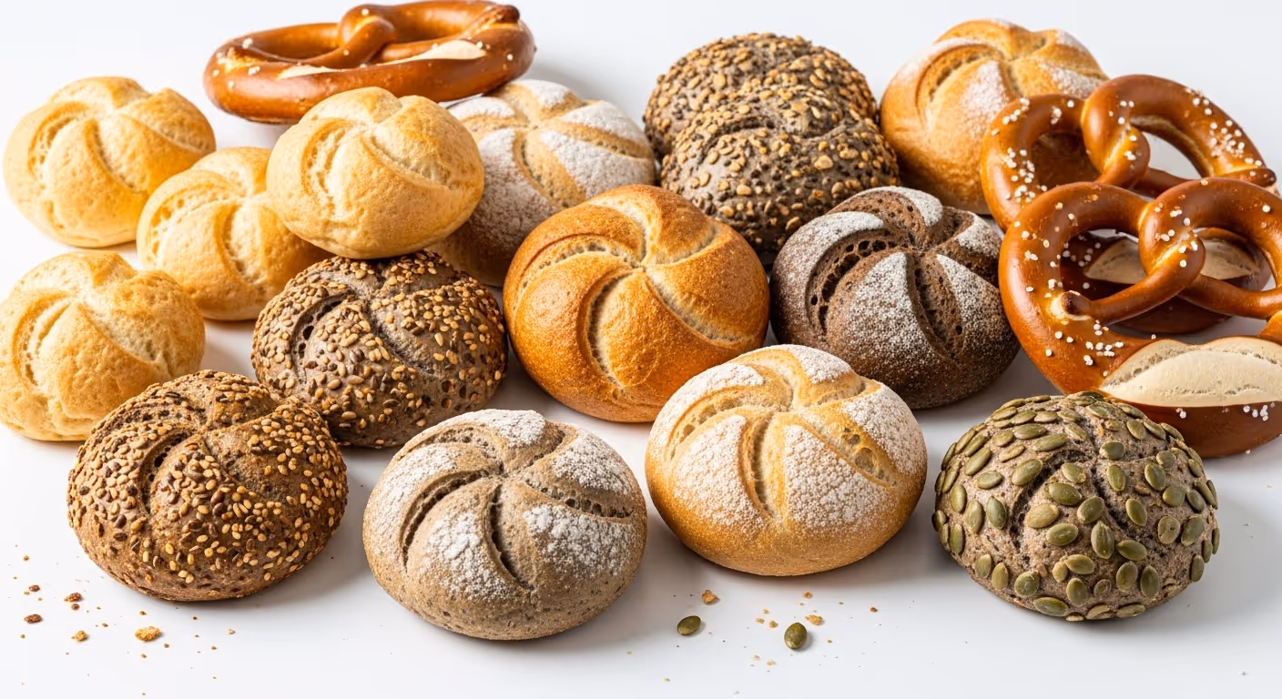 Verschiedene frische deutsche Brötchen und Brezeln auf weißem Hintergrund, darunter helle, dunkle mit Samen und mit Puderzucker bestäubte Sorten.